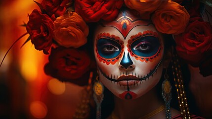 Intricate Close-up of Dia De Los Muertos Woman's Expressive Eyes, Echoing Vibrant Tales