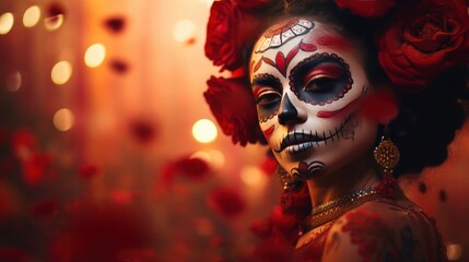 Vivid Close-up Portrait of a Dia De Los Muertos-Inspired Woman, Her Eyes Echoing Stories