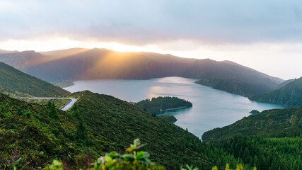 Sunrise over the volcanic lake, Lagoa do Fogo, on Sao Miguel Island, Azores, Portugal. Beautifully...