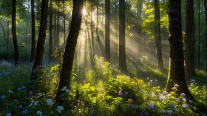 green forest landscape with sunrise images, hd wallpaper