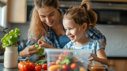 A parent white people preparing healthy back-to-school lunches for their children, with details of the parent's smiling face, the child's excitement, and the healthy ingredients. - obrazy, fototapety, plakaty