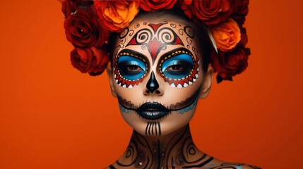 Empowered Expression: Woman Flaunts Gorgeous Day of the Dead Makeup, Commands Attention Against Lively Orange Backdrop