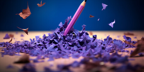crowd of people, Purple pencil, Pencil with sharpening shavings on white background, Purple pencil on a purple background full screen, Generative AI