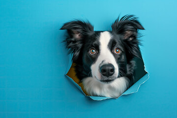 border collie comes trough a hole in paper. - obrazy, fototapety, plakaty