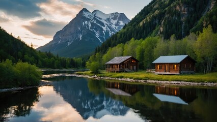 the beautiful mountain, river, and cabin in the forest, beautiful landscape images, hd wallpaper