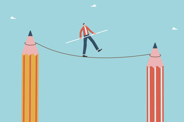 Rapid climbing career ladder through creativity or brainstorming, innovation to achieve success, logic or intelligence in business development decision making, man walks on tightrope between pencils.