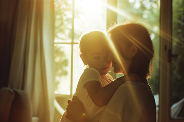Lovely intimate home scene of a mother and her little daughter in arms. Quiet moment of love and pure feelings between mom and child with warm light
