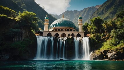 a mosque with waterfall in the mountains