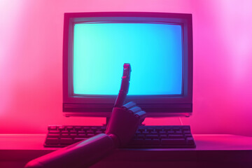 neon background with an old computer monitor and robotic hand pointing  to empty space of the screen.  retro futurism digital concept with copy space