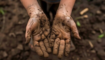 children's hands are dirty from planting trees - obrazy, fototapety, plakaty