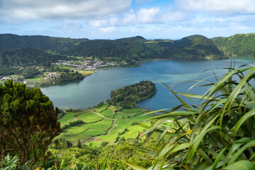 Fototapeta na wymiar Landscape of the volcanic crater lake Sete Cidades on Sao Miguel Island in Portugal.