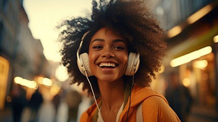 Closeup shot a african american teenage girl walking and listening music with headphones. blurry city street in the background. - obrazy, fototapety, plakaty