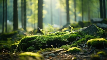 Closeup of green moss covering stone in forest. - obrazy, fototapety, plakaty
