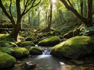 beautiful green forest with sunrise