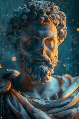 Classical stoic greek, roman statue with a colorful spark background. A classical sculpture with intricate details, focusing on historical art, with the face area blurred for anonymity