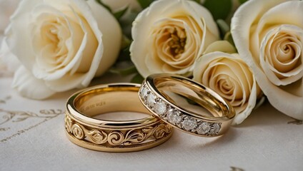 Two exquisite gold wedding rings and a delicate bouquet of flowers adorn the table.