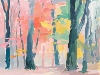 Fototapeta na wymiar A colorful painting featuring trees with vibrant leaves in a forest setting