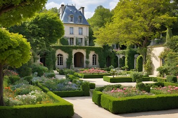 garden with flowers and trees. generative ai