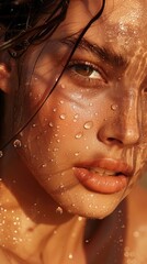 A close-up shot of a model with water droplets on their skin emphasizing texture and freshness