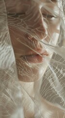 A conceptual beauty shot with a model partially obscured by a translucent textured material