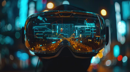 A person is wearing a pair of goggles while looking at a futuristic city in the background. The city is filled with skyscrapers, futuristic buildings, and flying vehicles - obrazy, fototapety, plakaty