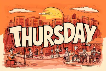 The word Thursday in a lively street theme, depicts people engaging in various activities. Illustration.