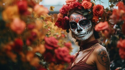 Resplendent Tribute: Day of the Dead Woman Adorned in Botanical Splendor