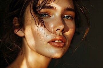 A studio portrait of a model with glossy illuminated skin - obrazy, fototapety, plakaty