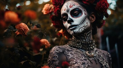 Harmony of Life and Death: Day of the Dead Woman Surrounded by Vibrant Flora