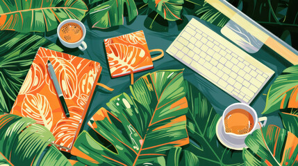 A cozy workspace set in a tropical theme with lush green foliage, a modern keyboard, a stylish notebook, and two cups of coffee - obrazy, fototapety, plakaty