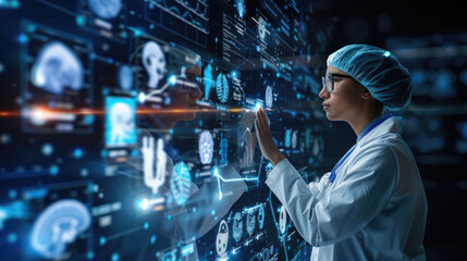 A woman wearing a white lab coat and a blue cap is interacting with a screen - obrazy, fototapety, plakaty