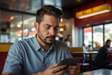Konzentrierter Mann nutzt Tablet in einem belebten Restaurant - obrazy, fototapety, plakaty