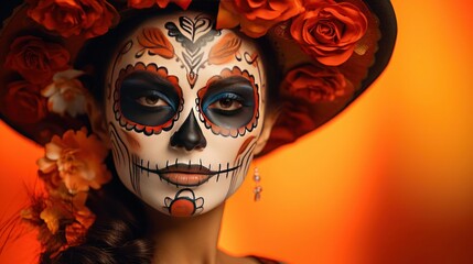 Mystical Splendor: Woman Wears Enchanting Day of the Dead Makeup, Radiates Confidence Amidst Vibrant Orange Setting