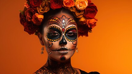 Bold Beauty: Woman Displays Stunning Day of the Dead Makeup, Embodies Grace Against Brilliant Orange Backdrop