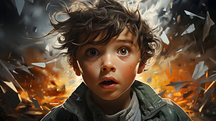 In the heart of an explosion stands a young boy, his hair tousled and his eyes wide with fear, anxiety, or confusion, reflecting the chaos around him - obrazy, fototapety, plakaty