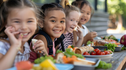 A group of children eating healthy back-to-school lunches together, with details of the children's happy faces, the healthy food, and the social interaction.