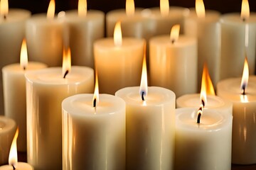 Fototapeta na wymiar White pillar candles with flames illuminated