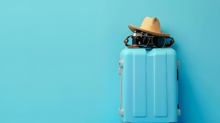 Blue suitcase with sun glasses, hat and camera on pastel blue background. travel concept. minimal style - obrazy, fototapety, plakaty