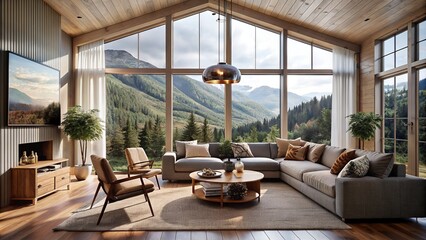 Stylish Scandinavian living room with natural coloured styling and stunning views of the green forest