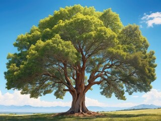 Fototapeta premium Green forest landscape panorama with trees and sun light going through leaves