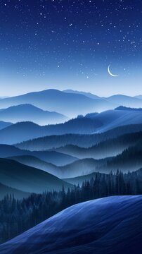 abstract illustration image of a night sky with mountain silhouette. 
