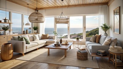 Stylish Scandinavian living room with natural coloured styling and stunning views of the ocean