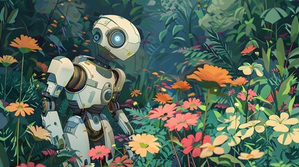 Colorful Abstract Background with Flowers, Butterflies, and Robot