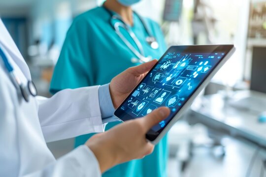 A doctor using AI Technology decision support systems.