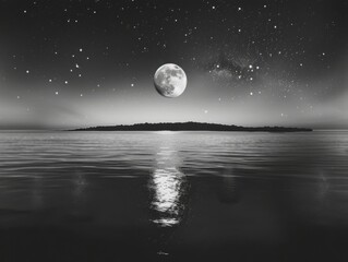 abstract landscape background with light moon above the sea. 