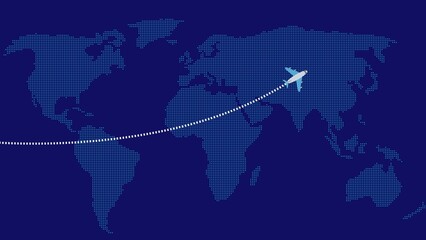 World map with airplane, flight routes and pins