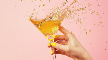 A woman's hand holding a champagne glass with dynamic liquid splash of golden sparkling shimmer on light pink background, photostudio shot. Celebration concept for design and advertising, copy space - obrazy, fototapety, plakaty