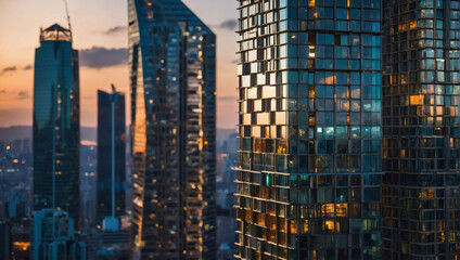 Amidst the hustle of the modern city, an eco-friendly building stands tall, its sustainable design accented by a shimmering bokeh backdrop.