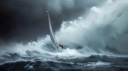 dramatic moment when a sailboat encounters a storm at sea, showcasing the power and intensity of nature's forces - obrazy, fototapety, plakaty