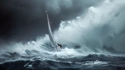 Zelfklevend Fotobehang dramatic moment when a sailboat encounters a storm at sea, showcasing the power and intensity of nature's forces © Gita